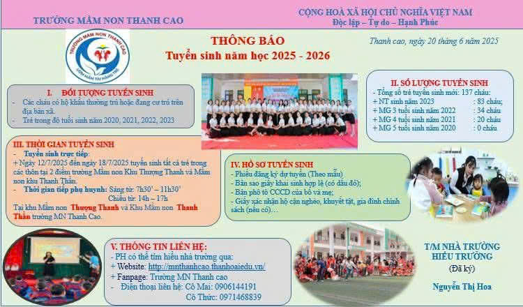Trường Mầm non Thanh Cao thông báo tuyển sinh năm học 2025-2026